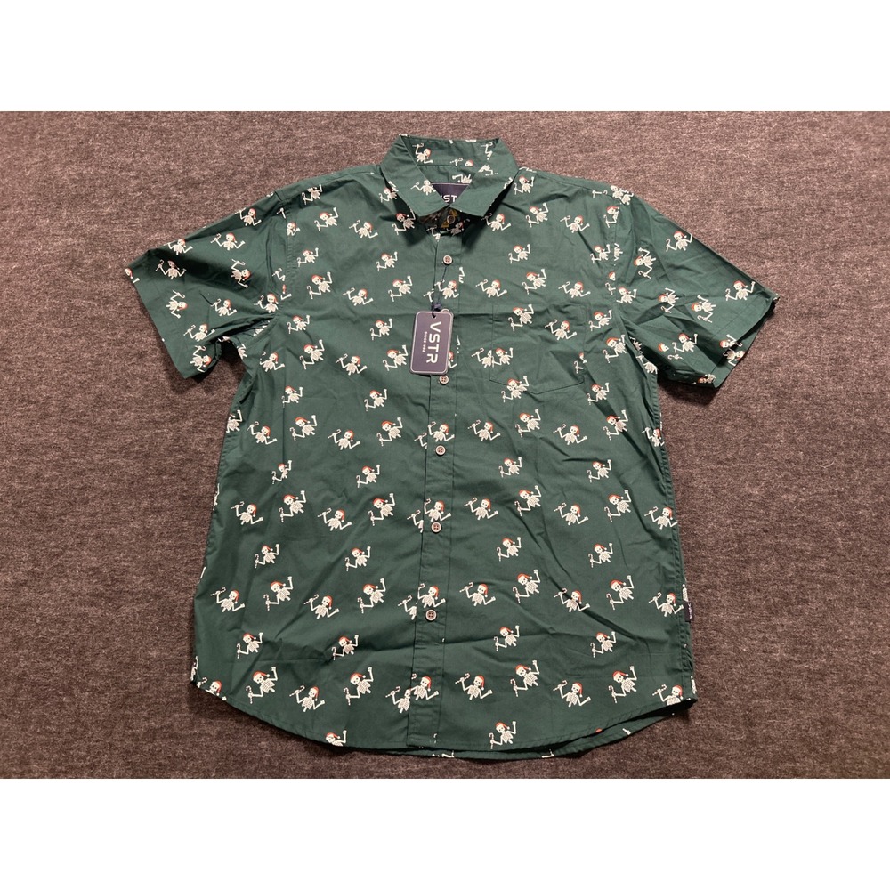 VSTR Button Down Shirt Men Large Green New Skeleton Santa Holiday Short Sleeve
